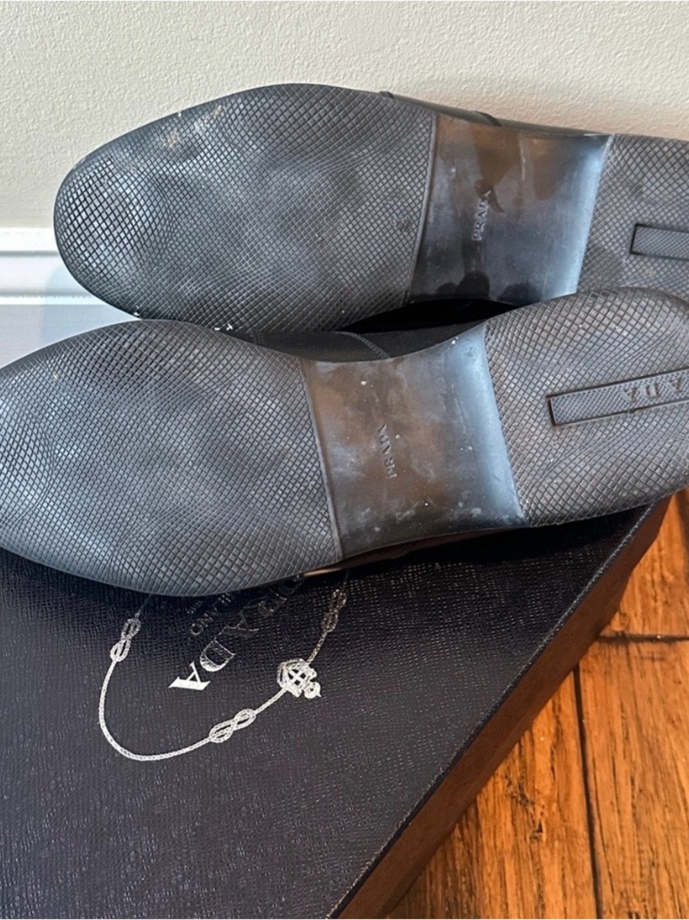 Prada Black Leather Penny Loafers with Logo Plaque - Picture 6 of 6